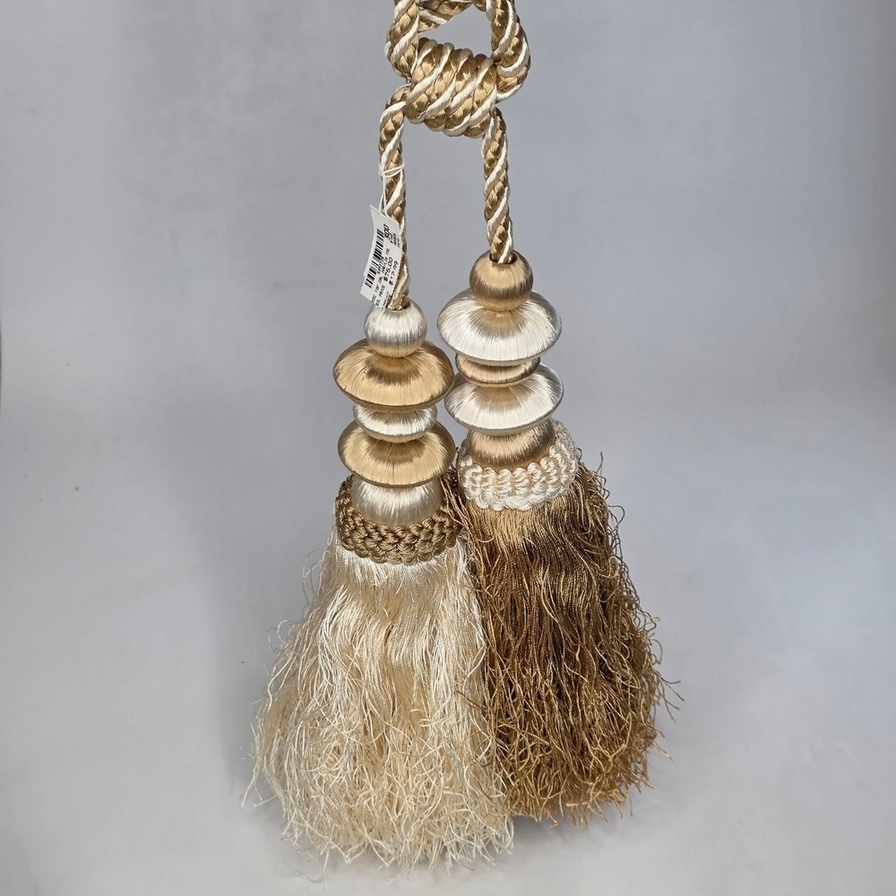 Luxury Double Tassel Curtain Tie Back Ivory Gold Linen Disc Top 8397728